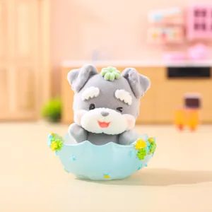 Flocked blind box figure cute grey puppy toy figurine desktop ornament for collectors and decor