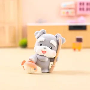 Flocked grey dog toy figure cute miniature animal blind box collectible desktop ornament