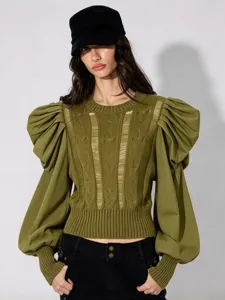 Damen Patchwork Strickpullover Rundhals Ausgehöhlt Langarm Pufflaternenärmel Lockerer Casual Strickoberteil