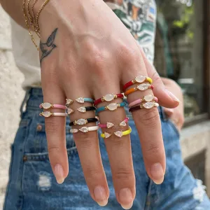 Colorful enamel teardrop open ring set, fashion gold metal micro-inlaid zircon stackable jewelry.