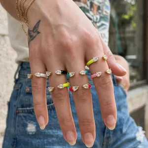 Colorful enamel teardrop open ring detail shot, micro-set cubic zirconia adjustable jewelry.