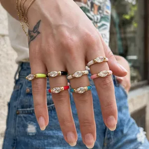 Colorful enamel marquise crystal open rings set, adjustable gold plated fashion jewelry for women.