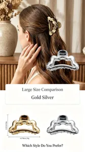 Metal hair claw clip detail view, elegant wavy cloud design in gold and silver options.