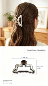 Small silver cloud hair claw clip for women, elegant metallic shark clip for daily hair styling.