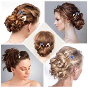 Vues de détail rapprochées d'élégantes pinces à cheveux en U présentant de superbes chignons.