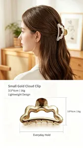 Detail shot of a gold cloud hair claw clip showing precise dimensions and lightweight design.
