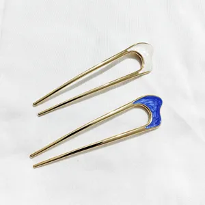Fourche à cheveux en U à double dent en métal avec émail bleu et blanc pour coiffure femme