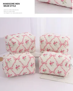 Trousse de maquillage matelassée, pochette cosmétique florale, grand sac de rangement.
