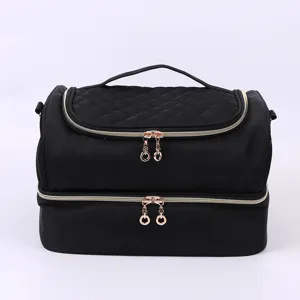 Trousse de Maquillage Double Couche Grande Capacité Matelassé Organisateur de Maquillage Sac de Toilette Portable avec Poignée