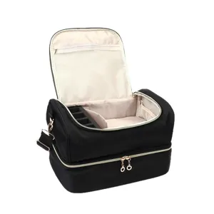 Trousse de maquillage double couche portable organisateur de voyage avec fermetures à glissière