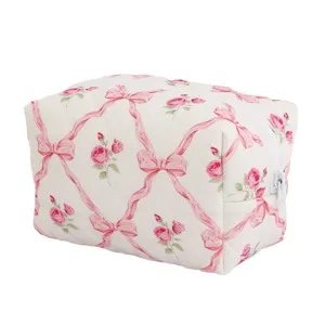 Trousse de maquillage matelassée à fleurs vintage avec nœud, grande pochette de voyage.