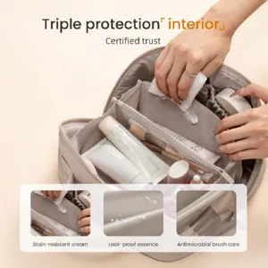Large capacity quilted cosmetic bag with multi compartments for travel and daily storage.