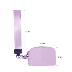 Detail view of mini coin purse with wrist strap, waterproof storage pouch and metal clasp.