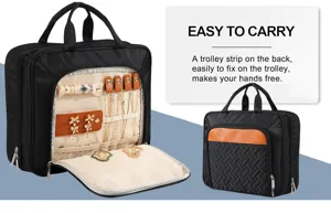 Black travel cosmetic bag detail showing interior compartments, ring slots and hanging hooks.