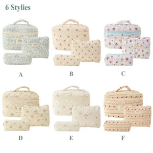 Detailed view of quilted floral cosmetic bag set, featuring multiple styles, storage pouches.