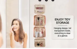 Hanging travel toiletry bag with large capacity, multi-layer transparent pockets for makeup.