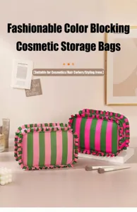Pink and green striped makeup bag with cute ruffles, large capacity travel cosmetic pouch.