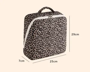 Leopard print quilted cosmetic bag large capacity travel makeup storage organizer with handle.
