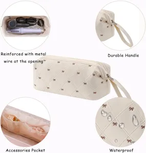 Quilted hair dryer storage bag portable curling iron organizer travel cosmetic pouch with bow