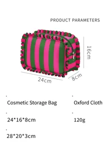 Pink and green striped makeup bag with cute ruffles, large capacity travel cosmetic pouch.