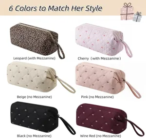 Quilted cosmetic storage bag detail showing multiple colors and variant options with neat zipper.