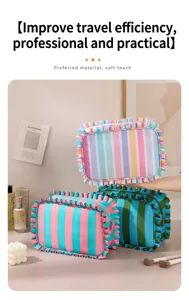 Detail view of the striped cosmetic bag with cute ruffle trim, soft touch and large capacity.