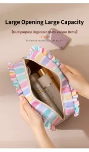 Detailed view of the colorful striped makeup bag with cute ruffled edges and large capacity.