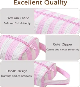 Borsa portaoggetti da viaggio a righe rosa per asciugacapelli e ferro arricciacapelli con manico.