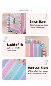 Cute striped cosmetic bag with ruffles, large capacity travel makeup pouch for toiletries.