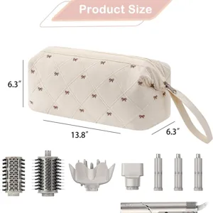 Quilted hair dryer storage bag with cute bow embroidery, portable cosmetic and styling tool bag.