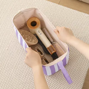 Striped hair dryer storage bag large capacity portable hair styling tool organizer