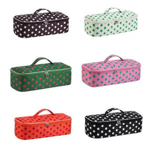 Portable polka dot hair dryer storage bag, large capacity travel curling iron organizer.