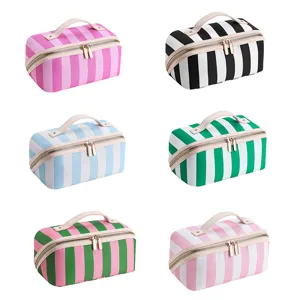 Large Capacity Portable Cosmetic Bag Travel Toiletry Organizer Handbag Colorblock Striped Polka Dot Makeup Pouch