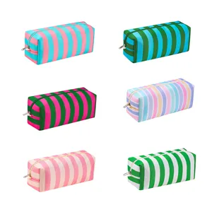 Large Capacity Striped Canvas Storage Bag Portable Travel Hairdryer Organizer Zipper Cosmetic Toiletry Pouch Handbag