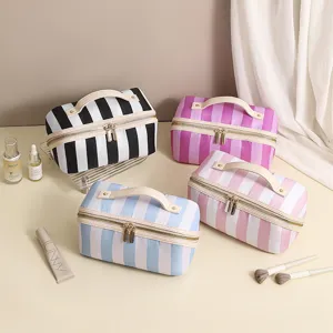 Multi-color striped cosmetic bag, large capacity portable makeup and toiletry organizer pouch.
