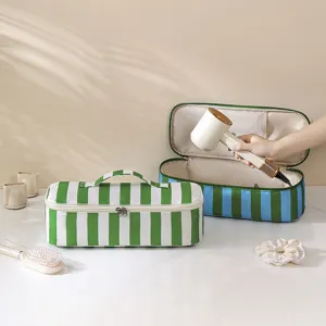 Portable striped hair dryer storage bag, large capacity travel organizer for styling tools.