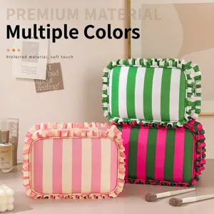 Ruffle striped cosmetic bag large capacity travel portable makeup storage organizer bag