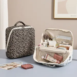 Large Capacity Quilted Cotton Cosmetic Bag Portable Travel Makeup Organizer Multi-Partition Toiletry Pouch