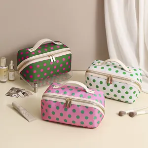 Large capacity portable cosmetic bag with stylish polka dot pattern and sturdy double zippers for travel.