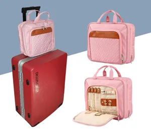 Portable travel cosmetic bag with large capacity, hanging jewelry storage wash bag for women.