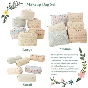 Quilted Floral Makeup Bag Set Large Medium Small Cosmetic Organizer Travel Pouch