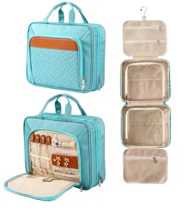 Multi-functional hanging travel toiletry bag with compartments, detailed view for easy packing.