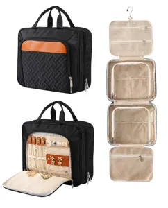 Portable travel cosmetic bag with hanging hook, multi-layer jewelry organizer storage pouch.