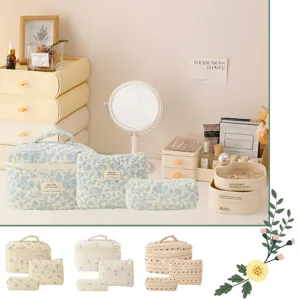 Quilted floral cosmetic bag set detail view, aesthetic lifestyle storage display showcase.