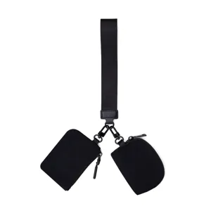 Black mini key pouch set with wrist lanyard and two zipped coin purses for daily portable storage.