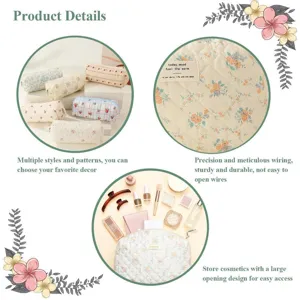Floral quilted cosmetic bag set, large capacity storage pouch with large opening design.