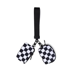 Black and white checkerboard double coin purse with wrist strap portable mini key bag