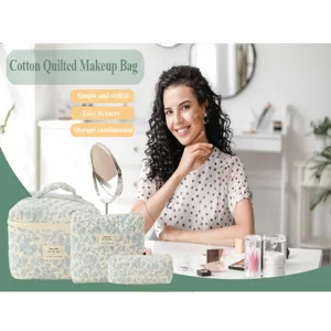 Detailed view of blue floral cotton quilted makeup bag set with zipper and carrying handle.