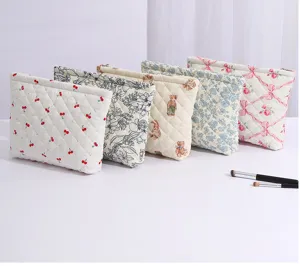 Detailed view of quilted cosmetic pouches with cute patterns and zippers, perfect for storage.