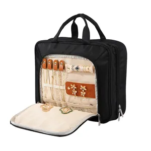Black travel jewelry organizer bag, large capacity hanging cosmetic storage case for outdoor.